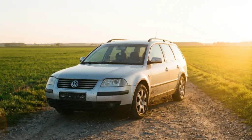 Älterer VW Passat Kombi auf einer Brandenburger Landstraße im Morgenlicht — Autoexport Potsdam bedeutet eine neue Chance für dein Fahrzeug.