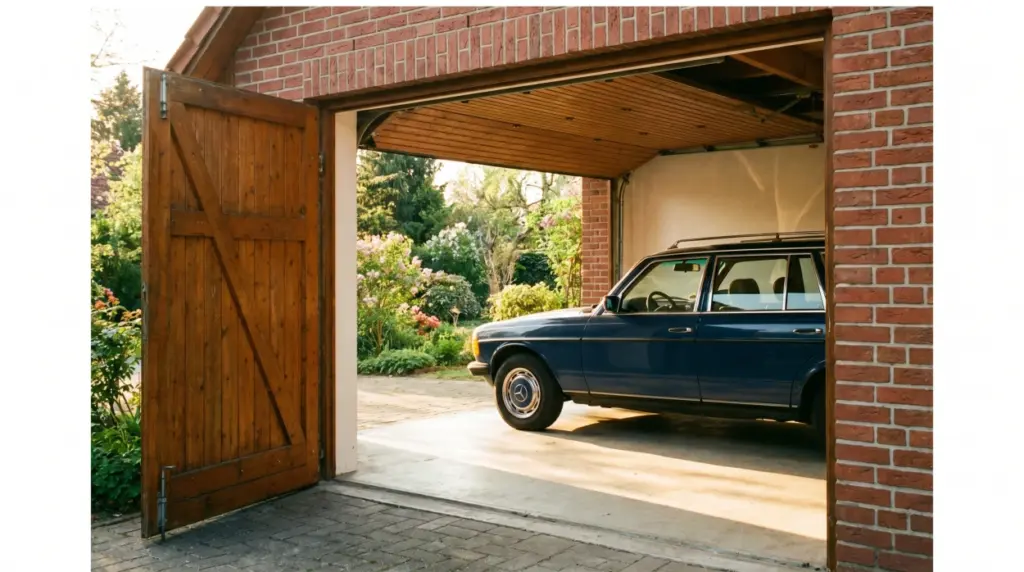 Geöffnete Garage in Brandenburg mit älterem Kombi im Inneren — Autoverkauf in Potsdam beginnt mit einem persönlichen Termin bei Sandro Unger.