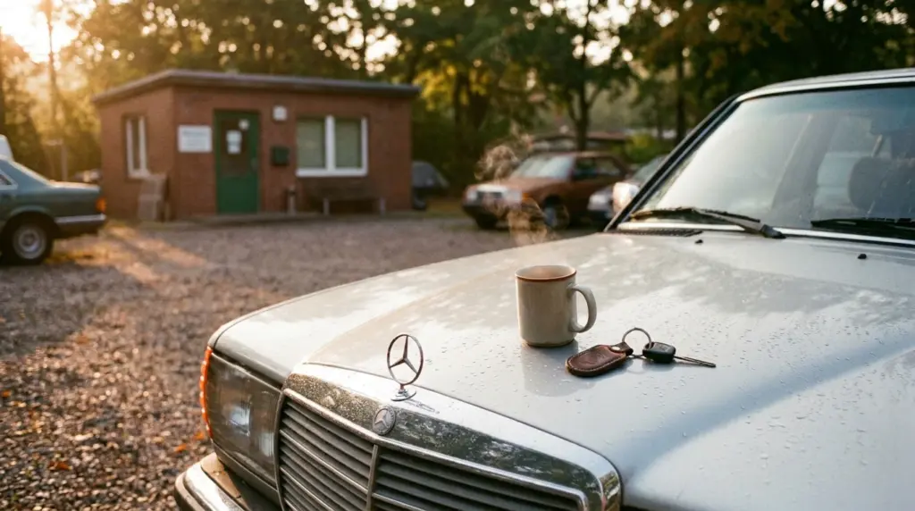 Kaffeebecher und Autoschlüssel auf der Motorhaube am Morgen – An und Verkauf in Potsdam beginnt mit einem ruhigen Gespräch