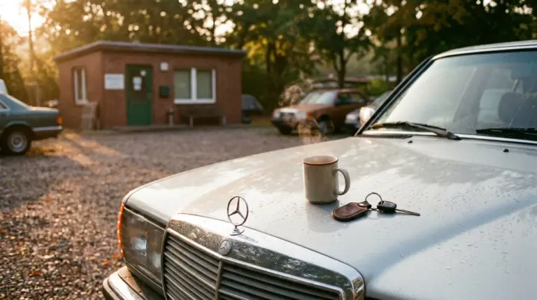 Kaffeebecher und Autoschlüssel auf der Motorhaube am Morgen – An und Verkauf in Potsdam beginnt mit einem ruhigen Gespräch