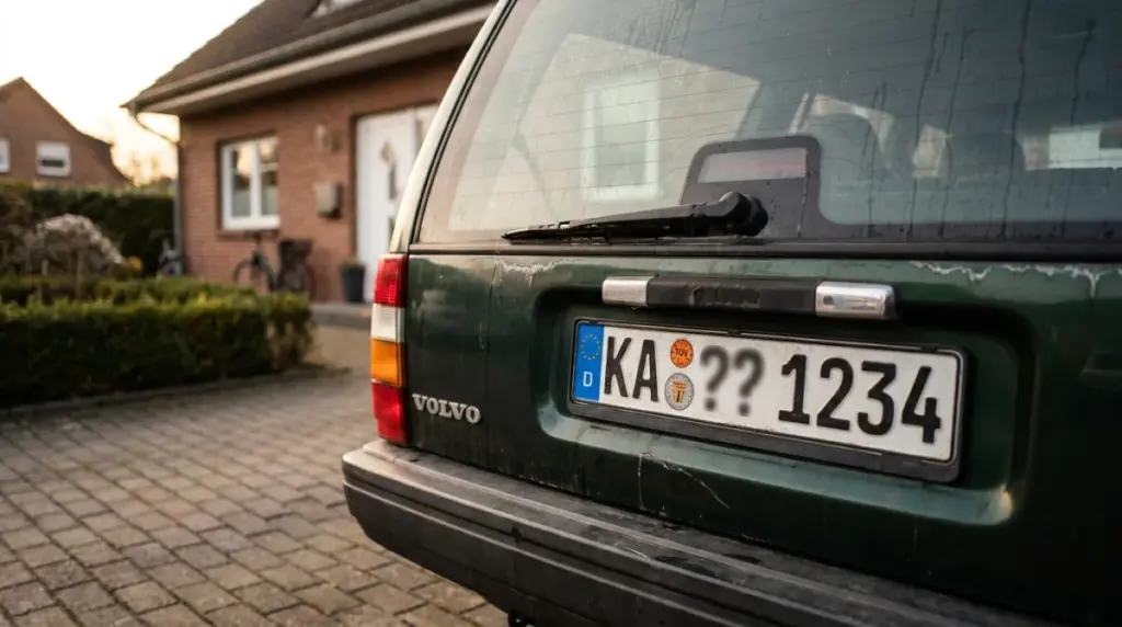 Nahaufnahme des Kennzeichens eines älteren Autos mit Prüfplakette – Auto ohne gültigen TÜV wird in Potsdam fair angekauft