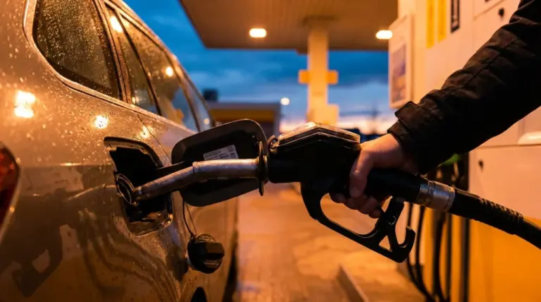 Zapfhahn in der Tankklappe eines Autos an einer Tankstelle am Abend – lohnt sich ein sparsames Auto bei steigenden Spritpreisen